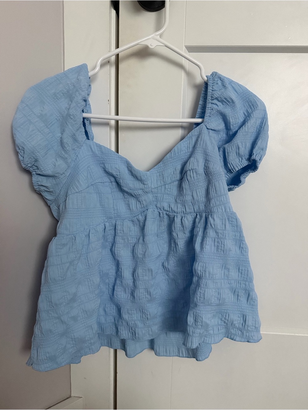 Light Blue Puff-Sleeve Babydoll Blouse - Women's Summer Top